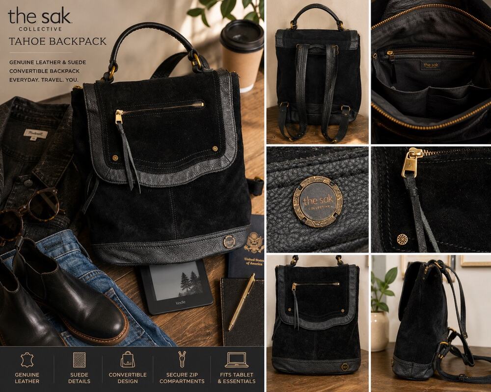 The Sak Collective Tahoe Black Leather Suede Backpack Convertible Laptop Travel